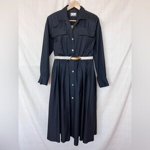 Vintage Rare DKNY Poplin Shirt Dress Black Pockets Shirtwaist Dress Minimalist